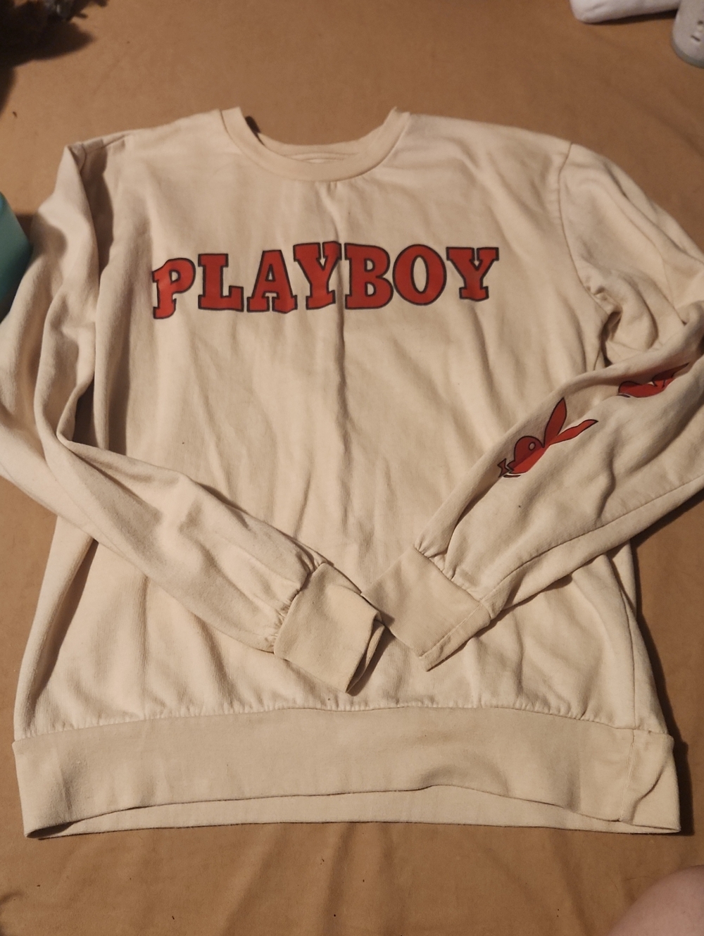 PLAYBOY Cream Crewneck with Red Logo and Sleeve Bunny